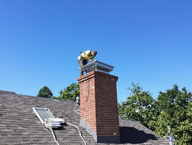 Valley Falls Chimney Sweep technician measuring a chimney cap in Valley Falls, RI