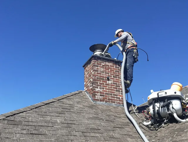 Dedicated Valley Falls Chimney Sweep team member cleaning a chimney in Valley Falls, RI