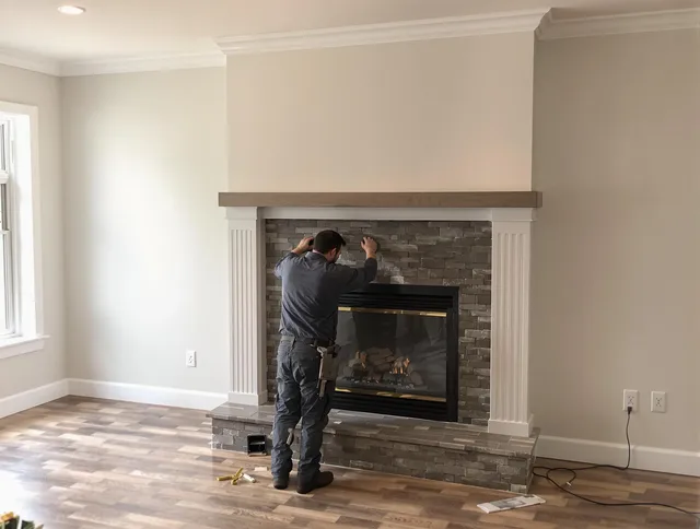 Valley Falls Chimney Sweep finishing a custom fireplace install in Valley Falls, RI